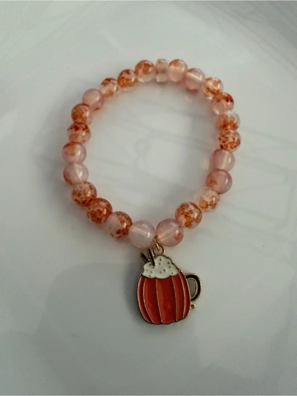 Pumpkin Spice Mug Charm Pink Orange Beaded Bracelet